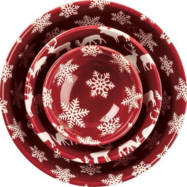 Primitives by Kathy Bowl Set - Stoneware Set of 3 Red & White Snowflake & Deer Christmas Design