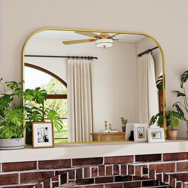 VETROVUE Gold Wall Mounted Bathroom Mirror - 38 x 30 Inch Round Cruved Top Right Angle Bottom Wide Wall Mirror, Aluminum Metal Framed, Decor for Living Room, Bedroom, Fireplace, Mantle, Entryway