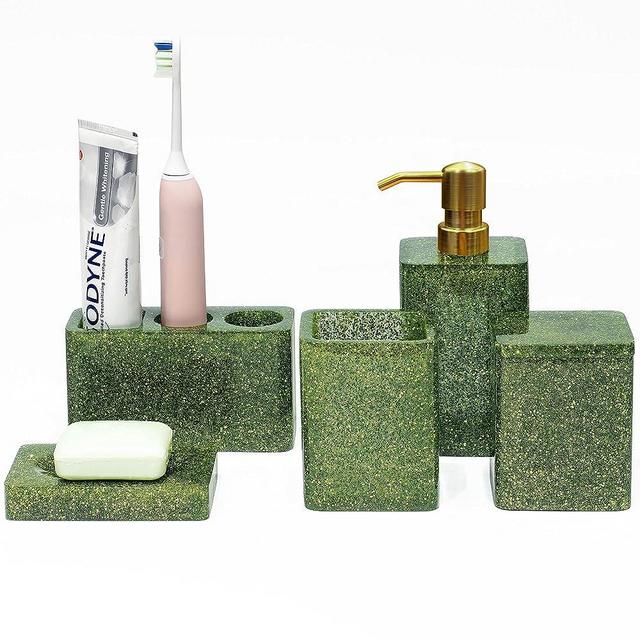 Suanti Bathroom Accessory Sets,5 Pieces Resin Sage Green Bathroom Decor Sets with Lotion Dispenser, Soap Dish, Tumbler, Toothbrush Holder, Q Tip Holders, Bathroom Essentials for New Home