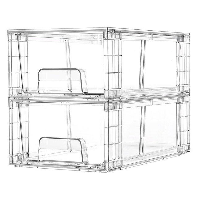 Vtopmart 2 Pack Stackable Storage Drawers,Clear Acrylic Drawer Organizers with Handles, Easily Assemble Containers for Fridge, Bathroom,Kitchen Undersink,Cabinet,Pantry Organization and Storage