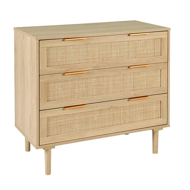 HOPUBUY 3 Drawer Dresser for Bedroom, Rattan Dresser Modern Closet Dressers Chest of Drawers, Wood Oak 3 Drawer Storage Chest for Kids Bedroom, Hallway, Living Room