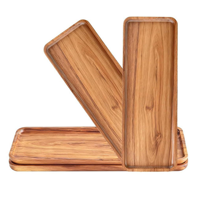 Handcrafted Acacia Wood Serving Tray 4 Pack– Multi-Functional Decorative & Candle Tray, Smooth Polished Surface with Raised Edges，Cheese Board for Food，Kitchen Organization, Bathroom, or Gift