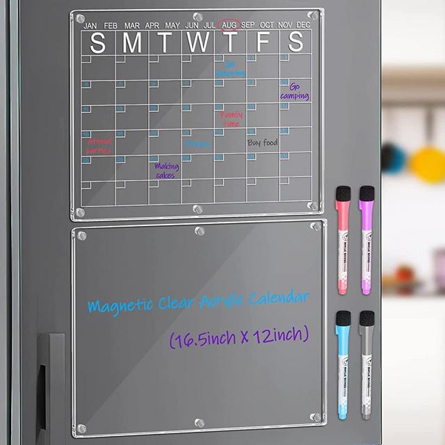 Magnetic Dry Erase Board Calendar for Fridge,Acrylic Clear Calendar Whiteboard Planner Board for Refrigerator,16.5"x12" Reusable Set of 2 Calendar Whiteboard Includes 4 Colors Markers with Eraser
