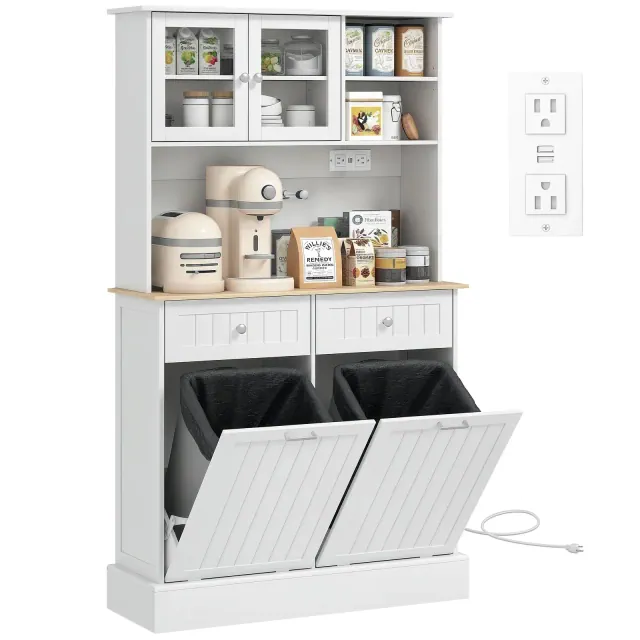 HOMCOM 68" Kitchen Pantry Cabinet with Charging Station, 2 Tilt Out Trash Cabinets and Microwave Stand, Modern Storage Cabinet, White