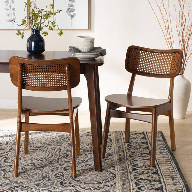 Baxton Studio 2pc Tafari Wood and Rattan Dining Chair Set Walnut Brown/Light Brown: Rubberwood Frame, MDF, Spot Clean