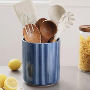 getstar Large Kitchen Utensil Holder for Kitchen Counter (H7.2” x W6.2”), Ceramic Cooking Utensil Holder with Cork Mat (Navy, Utensils Not Included)