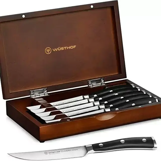 Wusthof Classic Ikon 6 Piece Steak Knife Set with Wood Case (Black Handles)