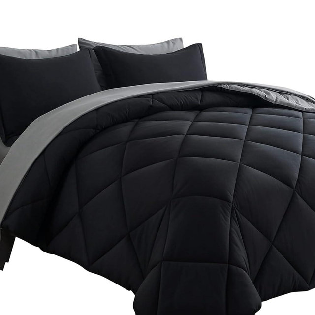 Cosybay Bed in a Bag Full Reversible Comforter Sets 7pcs All Season Down Alternative Bedding Sets Black and Grey with Comforter, Pillow Shams, Flat Sheet, Fitted Sheet and Pillowcase