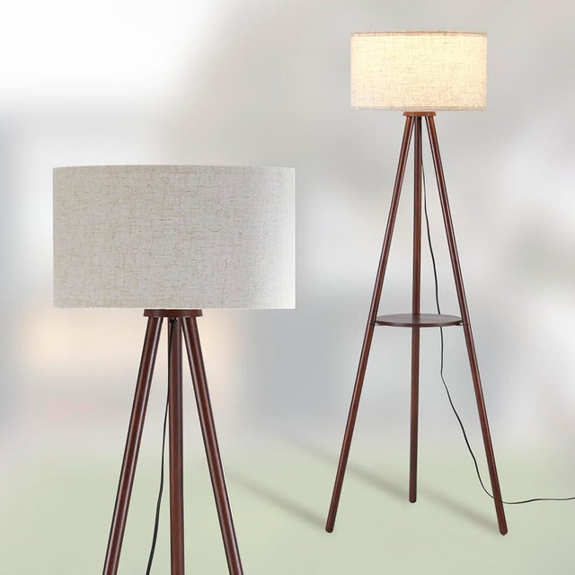 Baobab Tree Park Wood Tripod Floor Lamp for Living Room, 3 Color Temparature LED Bulb Included, Mid Century Modern Wooden Shelf Floor lamp with Linen Shade for Bedroom, Office, Walnut Wood Color