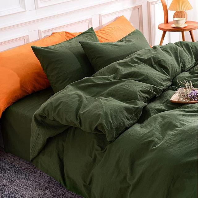 NEXHOME PRO Duvet Cover Set King Size Linen Feel Textured 100% Washed Cotton Duvet Cover 3 Pieces Bedding Set with Zipper Closure & Corner Ties, Breathable and Soft, Forest Green (No Comforter)
