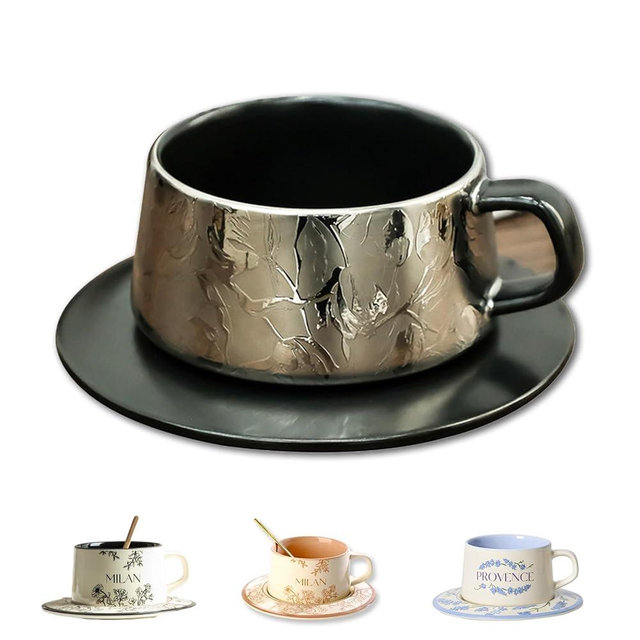 DEARART Elegant Coffee Mug Beautiful Fashion Tea Cup, Ceramic Material with Plate, Dining Table Kitchen Accessories, Carbon Grey, 7oz (220ml)