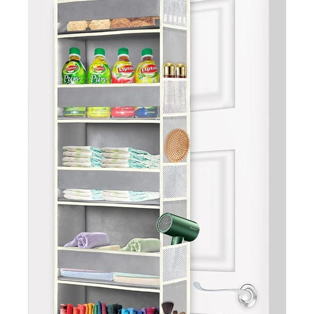 roomtalk Over The Door Hanging Organizer 5-Shelves and 10 Side Pockets, Over The Door Storage for Bathroom and Bedroom, Back of Door Organizers for Baby Accessories and Children's Toys, Grey