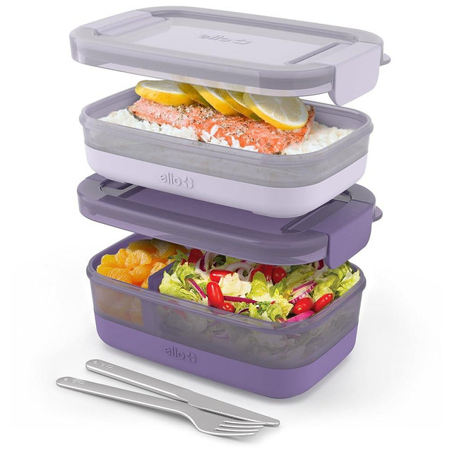 Ello 2-Pack Bento Box Lunch Stack Plastic Food Storage Container | Leak-Proof Locking Plastic Lids | Silicone Base | BPA-Free | Freezer Microwave and Dishwasher Safe | Wisteria