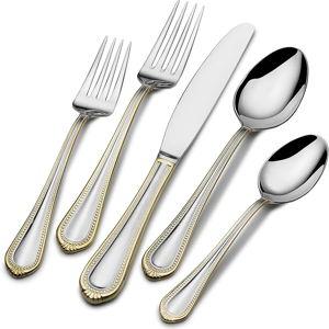 Mikasa, Gold Accent Regent Bead Flatware Service for 12, 65 Piece Set, 18/10 Stainless Steel, Silverware Set with Serving Utensils