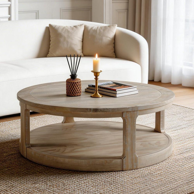 WILLIAMSPACE 40" Round Coffee Table with Wheels, Circle 2 Tier Solid Wood Center Coffee Table, Mid Century Retro Farmhouse Rounded End Table for Living Room Apartment, ø40 x 17.52" H (Oak)