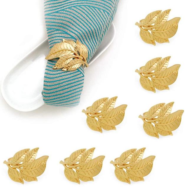 SHEbaking Gold Napkin Rings Set of 8, Fall Leaf Metal Napkin Ring Holder for Dinner Table Decor, Vintage Wedding Party Favor