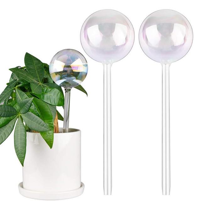 [2 PCS] Light Iridescent Rainbow Gradient Color Clear Glass Self-Watering System Spikes, Aqua Globes Automatic Plant Waterer Bulbs