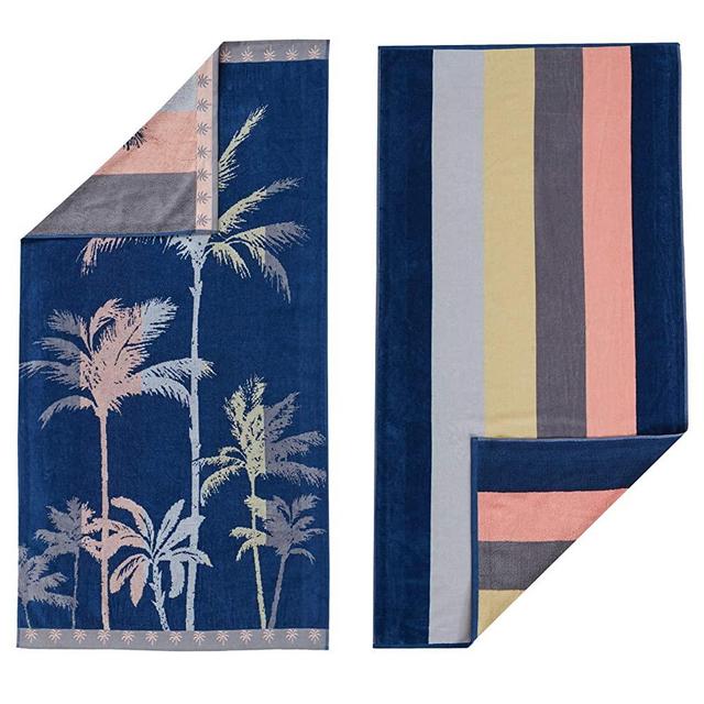 Great Bay Home 100% Cotton 2-Pack Beach Towel. Soft Absorbent Quick Dry Towel Set. Playa Collection. (30" x 60", Palm Trees/Stripe)