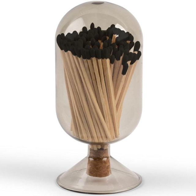 MILAVERA Premium Glass Match Cloche - Matches in a Jar with Striker. Long Matches for Candles, Fireplace, Bath Salts, Accessories. Includes Bottle, Attached Match Striker and Safety Matches (Black)
