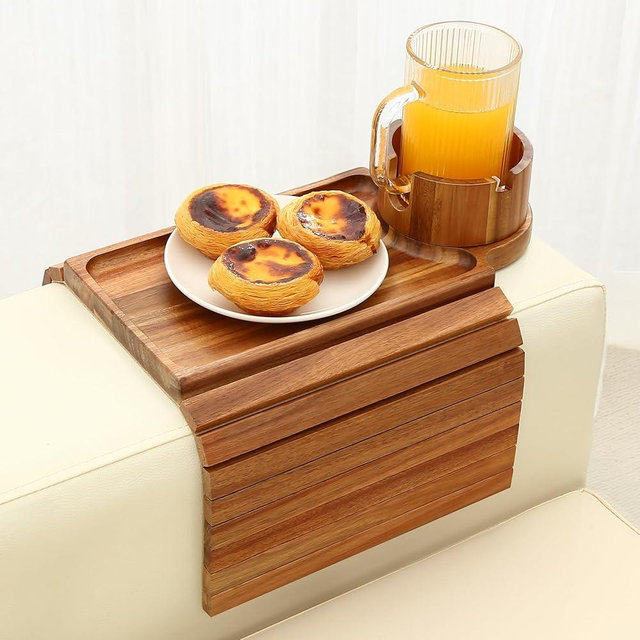 GHKINMAL Couch Cup Holder Tray, Acacia Wood Couch Armrest Table with 360° Ratated Phone Holder, 18.99" Flodable Anti-Slip Sofa Armrest Tray Tables for Snacks Drinks Remote Storage