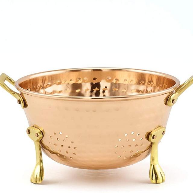 NuSteel Hammered TG-870C 6-Inch Decor Copper Handles, 3-Brass Footed Colanders for Draining Rinsing & Washing, Ideal for Berries