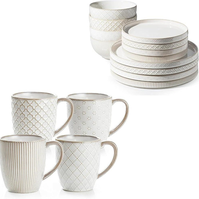 Getstar Dinnerware Sets, Plates and Bowls Sets (10.5” Dish + 8” Dish + 6” Bowl) for 4, Microwave and Dishwasher Safe, 12 PCS Ceramic Dinnerware Sets (Dinnerware Set (with Mug, 16 Piece))