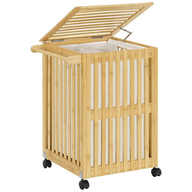 HOOBRO Laundry Hamper with Lid and Wheels, 120 L (31Gal) Double Laundry Basket, Bamboo Clothes Hamper with Handles and Removable Liner, for Laundry Room, Bathroom, Bedroom, Natural YL60XY01