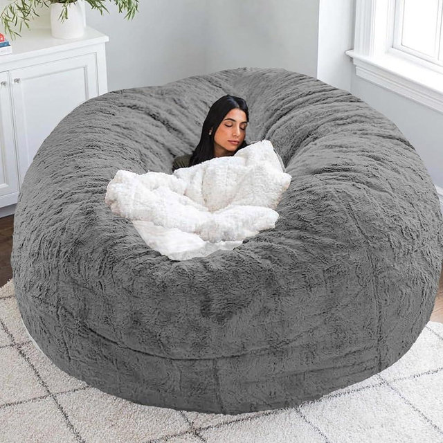 FANNIEHOME Bean Bag Chair for Adults Without Filler Fluffy Soft Cover for Lazy Sofa Chair Floor Sofa Comfy, Grey, 6FT