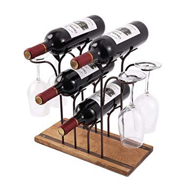 Countertop Wine Rack, Tabletop Wood Wine Holder, Perfect For Home Decor & Kitchen Storage Rack, Bar, Wine Cellar, Cabinet, Pantry, etc ,Hold 4 Wine Bottles and 4 Wine Glasses, Wood & Metal (Bronze)