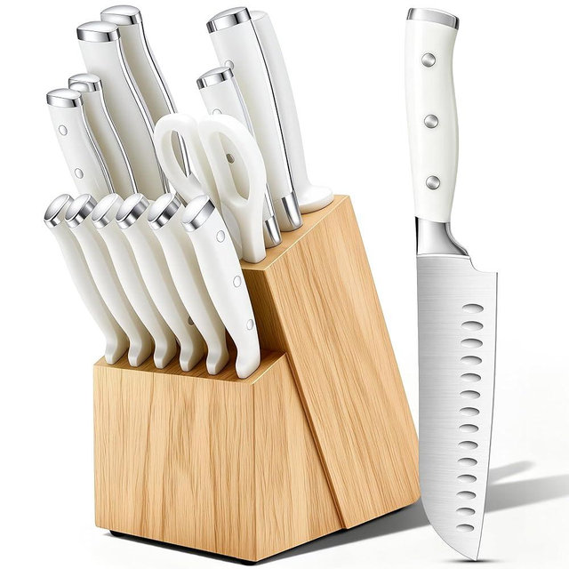 Knife Set, 15 Piece Premium Chef High Carbon Stainless Steel Kitchen Knife Block Set, Razor-sharp, Ergonomic Forged Triple Rivet Handle, Professional Knife Set for Kitchen, Dishwasher Safe(White)