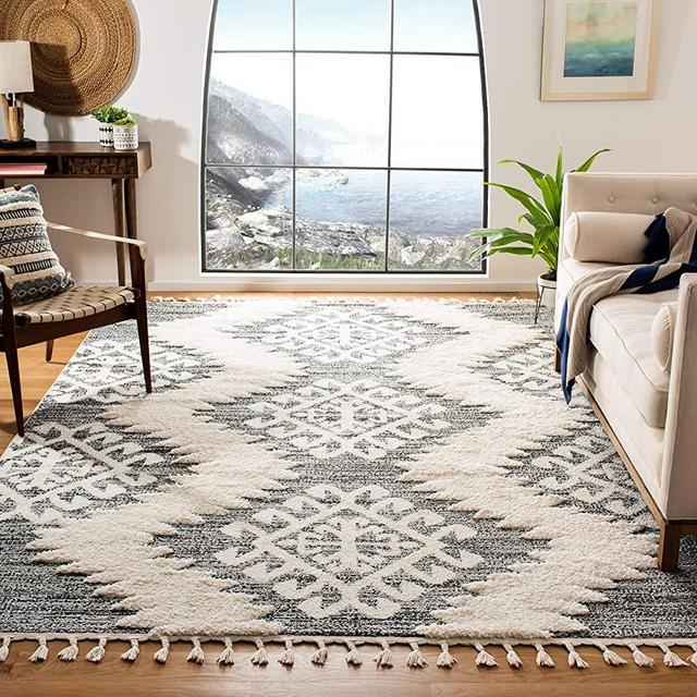 SAFAVIEH Moroccan Tassel Shag Collection MTS652F Boho Non-Shedding Living Room Bedroom Dining Room Entryway Plush 2-inch Thick Area Rug, 8' x 10', Ivory / Grey