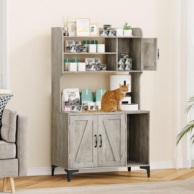 GAOMON Cat Litter Box Enclosure with Shelves, Litter Box Enclosure, Hidden Litter Box Furniture, Hidden Cat Litter Box Enclosure Furniture, Sturdy Cat Washroom Storage, Indoor Cat House Furniture,Grey