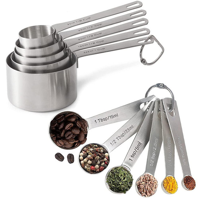 18/8 Stainless Steel Measuring Cups and Spoons Set of 11 Piece - 1 Cup, 1/2 Cup, 1/3 Cup, 1/4 Cup, 1/8 Cup, 1/8 Tsp, 1/4 Tsp, 1/2 Tsp, 1 Tsp, 1/2 Tbs & 1 Tbs, Metal Measuring Set for Cooking Baking