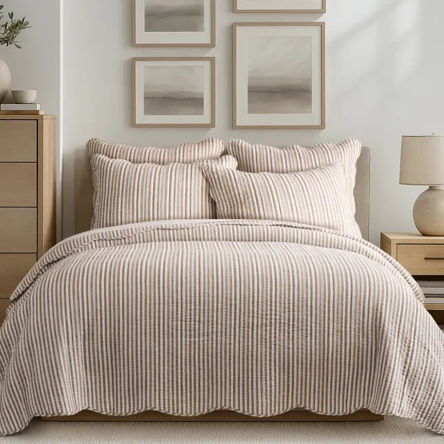 Martha Stripe Taupe Full/Queen Quilt Set - Levtex Home