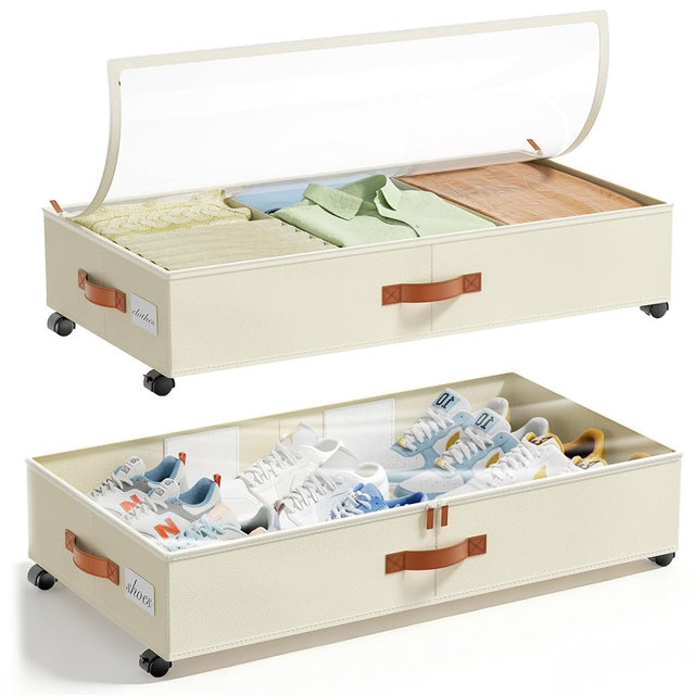 LAMU Under Bed Storage with Wheels, 2 Pack Under Bed Storage Containers with Clear Lids & Label, Rolling Under Bed Drawers for Clothes, Shoes, Blankets, Beige