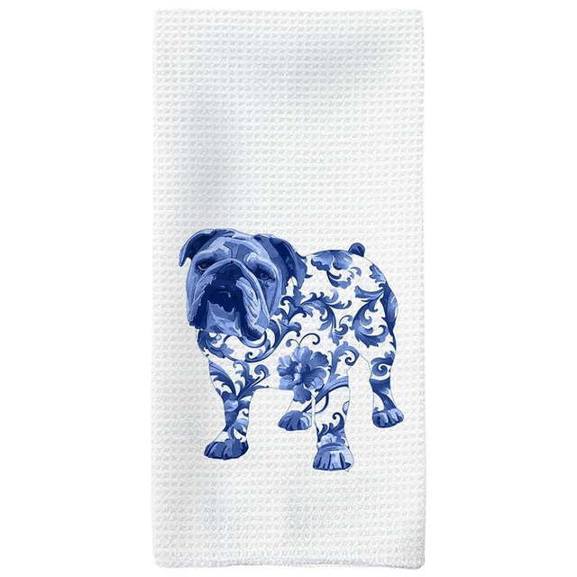 Tzhim English Bulldog Gifts Kitchen Towels, Blue and White Chinoiserie Bulldog Hand Towels, Dishcloths Tea Towels for Kitchen, Dog Lover Gifts, 16x24in