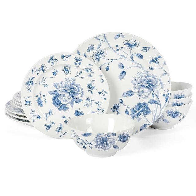 Martha Stewart Empress Bouquet Decorated Porcelain Dinnerware Plates and Bowls Set - Blue Floral, Service for 4 (12pcs)