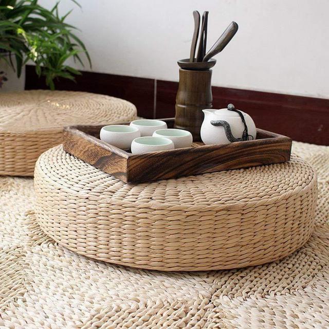 Japanese Seat Cushion Round Pouf Tatami Chair Pad Yoga Seat Pillow Knitted Floor Mat Garden Dining Room Home Decor Outdoor (40cm x 6 cm)