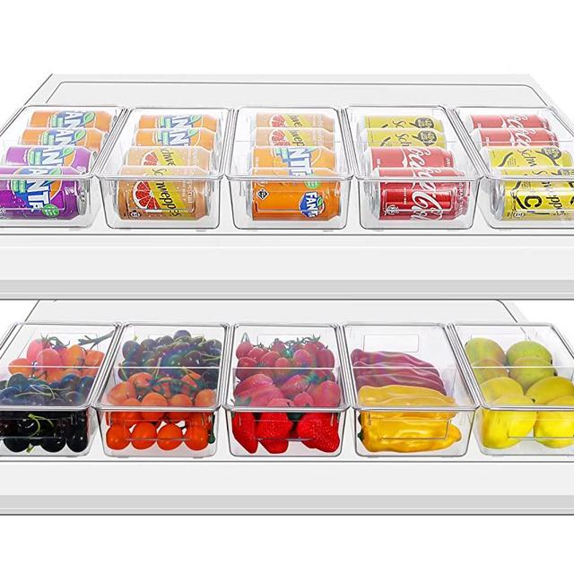 Refrigerator Organizer Bins with Lids, ESARORA 10 PACK Stackable Clear Plastic fridge Bins with Handle and Removable Divider For Fridge, Freezer, Kitchen Cabinet, Pantry Organization Storage, BPA Free
