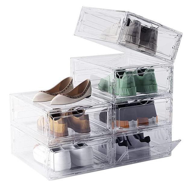 Shoe Storage Boxes: 6 Pack Clear Stackable Clear Plastic Shoe Organizer Containers for Closet, Drop Front Shoe Bins for Display, Fit Shoe Size Up to US Men 12, DEZENE