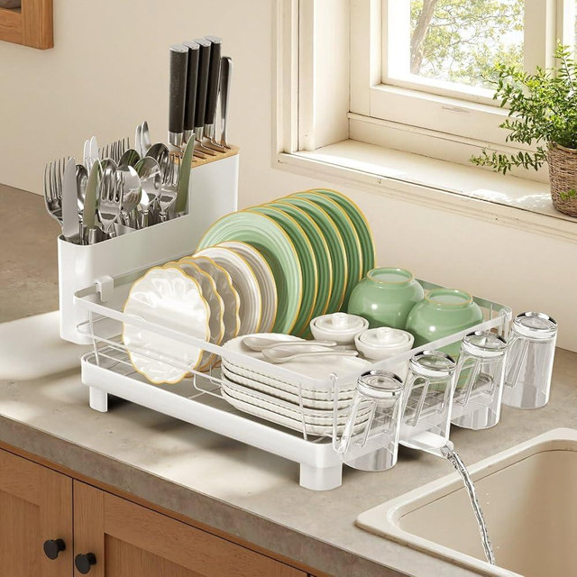 Runnatal Dish Drying Rack, Stainless Steel Dish Rack with Drainboard for Kitchen Counter and Sink, Detachable 2-in-1 Utensil Holder, Cup Holder, Large Capacity Dish Drainer, White
