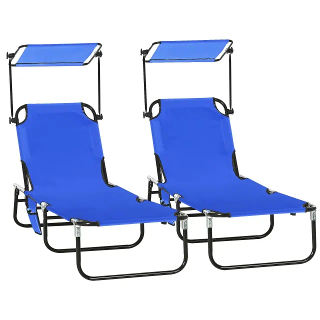 Outsunny Folding Chaise Lounge Pool Chairs, Set of 2 Outdoor Sun Tanning Chairs with Sunshade, Five-Position Reclining Back for Beach, Blue