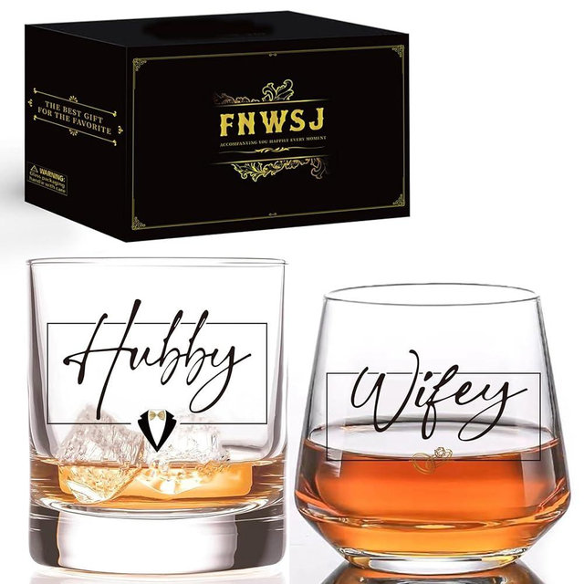 Hubby & Wifey Wine & Whiskey Glass Set - Wedding Gifts for Couples 2025, Mr & Mrs Personalized Glass, Couple Gifts for Him and Her, Bridal Shower Gift, Bride and Groom Shot Glass -11