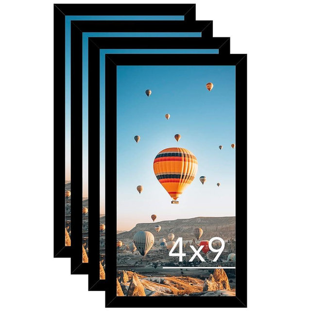 JCJMY 4x9 Black Picture Frame Set of 4, Horizontal and Vertical Formats for Wall Hanging, 4 x 9 Wall Gallery Poster Photo Frames with Shatter Resistant Plexiglass, 4 Pack, Black