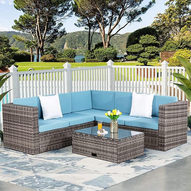 Vongrasig Outdoor Patio Furniture Set, All Weather PE Wicker Rattan Outdoor Sectional Furniture, L-Shaped Corner Patio Sofa Conversation Set with Storage Coffee Table & Pillows (4 Piece, Blue)