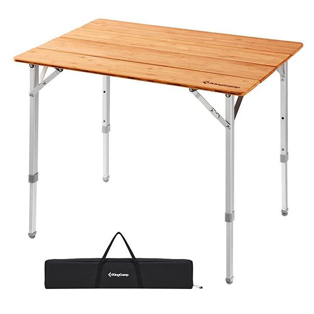 KingCamp Bamboo Camping Table Environmental Folding Table with Adjustable Height Aluminum Legs Heavy Duty 176lbs 4-Fold Portable Foldable Camp Tables for Travel, Picnic, Outdoor and Indoor, 4 People