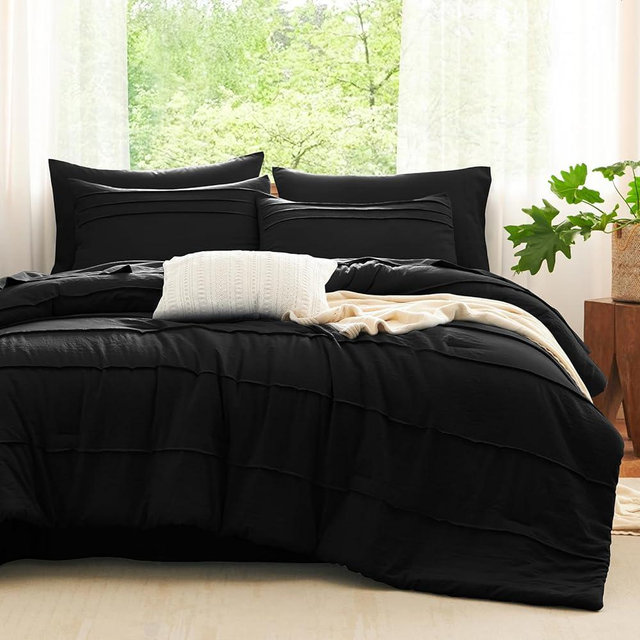 CozyLux Queen Comforter Set Black, 7 Pieces Soft Pinch Pleat Bed in a Bag Queen Comforter Set with Sheets, Boho Bed Set with Down Alternative Comforter, Sheets, Pillowcases & Shams