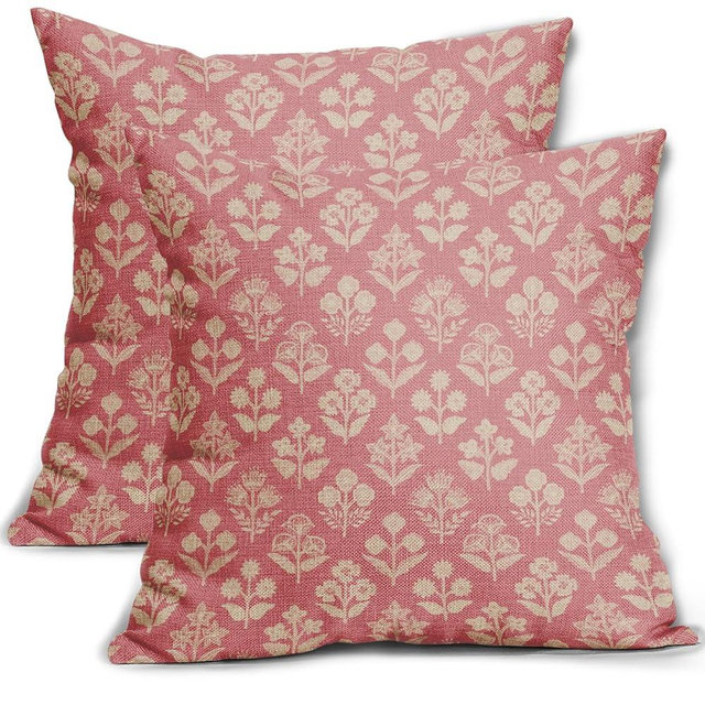 Sivirary Pink Floral Block Print Pillow Covers 18x18 Inch Set of 2, Vintage Flower Pattern Decorative Throw Pillowcases Outdoor Farmhouse Cushion Covers Spring Summer Rustic Sofa Couch Bed Decor