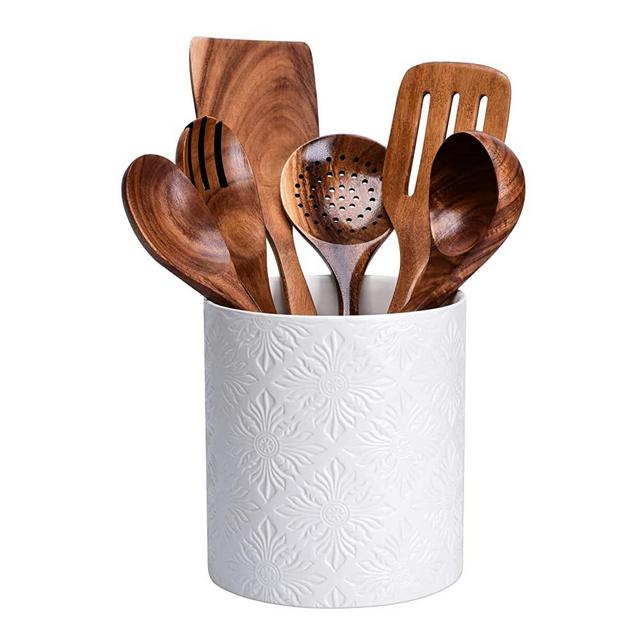 JIAYUAN White Utensil Holder for Kitchen Counter, Large 7.2’’ Ceramic Cooking Utensil Organizer with Drain Holes and Tray Farmhouse Utensils Crocks Spatula Copper Storage