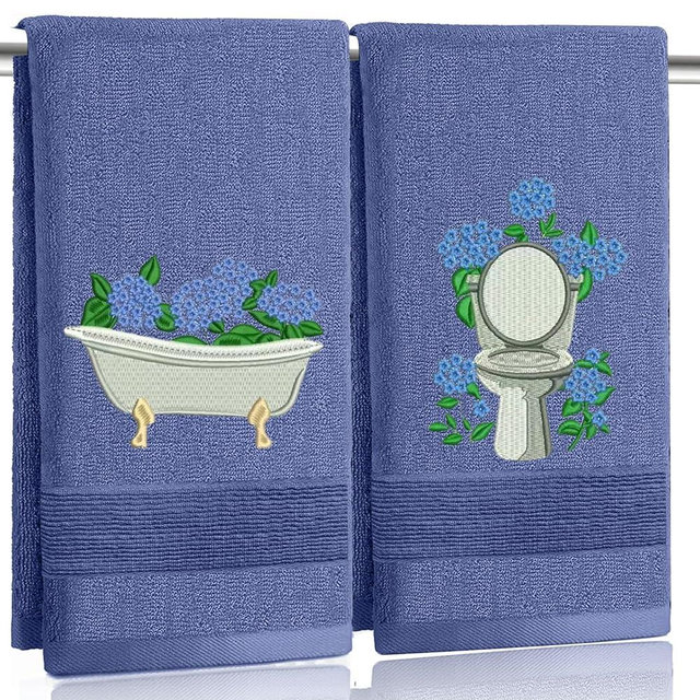 2pcs Blue Hydrangea Hand Towels for Bathroom Decorative Towels Set 100% Cotton cute Embroidered Spring summer floral bath towels dish kitchen towels Farmhouse Bathroom Decor Gift (Blue Hydrangea)